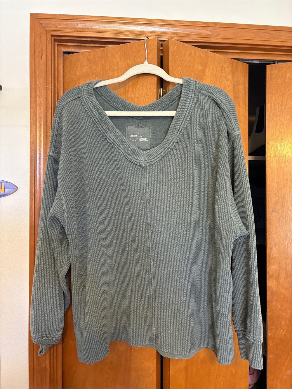 Aerie oversized Cozy Waffle Knit V-Neck Sweater — Green/Gray